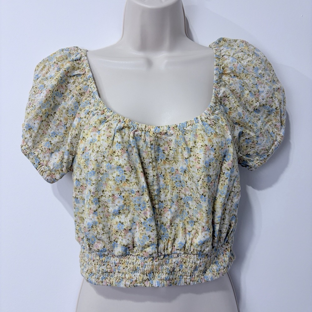 American Eagle Womens Floral Crop Top Sz S Yellow Puff Sleeve Cottage Milkmaid